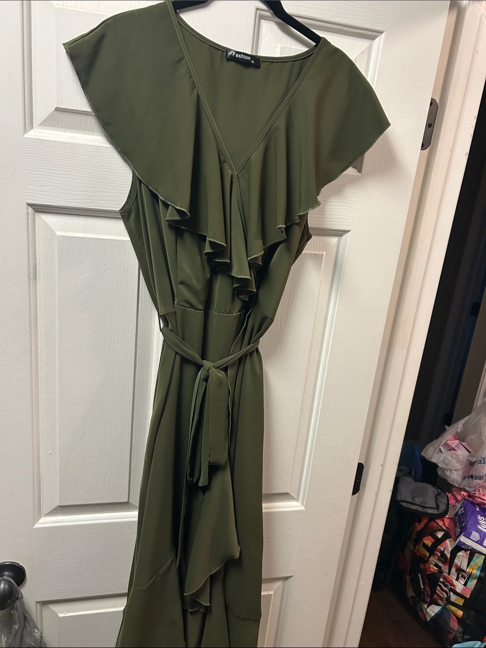 Ruffled Olive Green midi Wrap Dress with Tie Waist